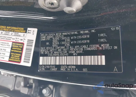 2020 Toyota Highlander L z USA, uszkodzony, nr VIN 5TDCZRBH9LS002440